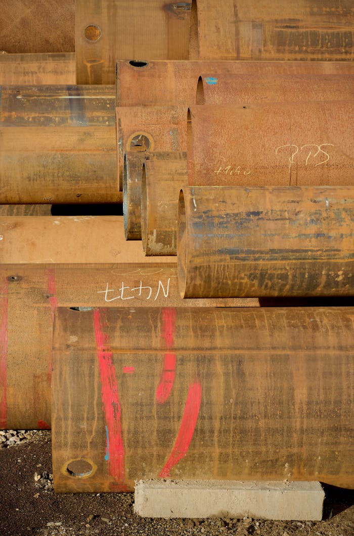 Close-up of stacked rusty steel pipes with markings at a construction site.