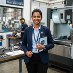 Engineer holding tablet with 3D CAD model in industrial workshop setting